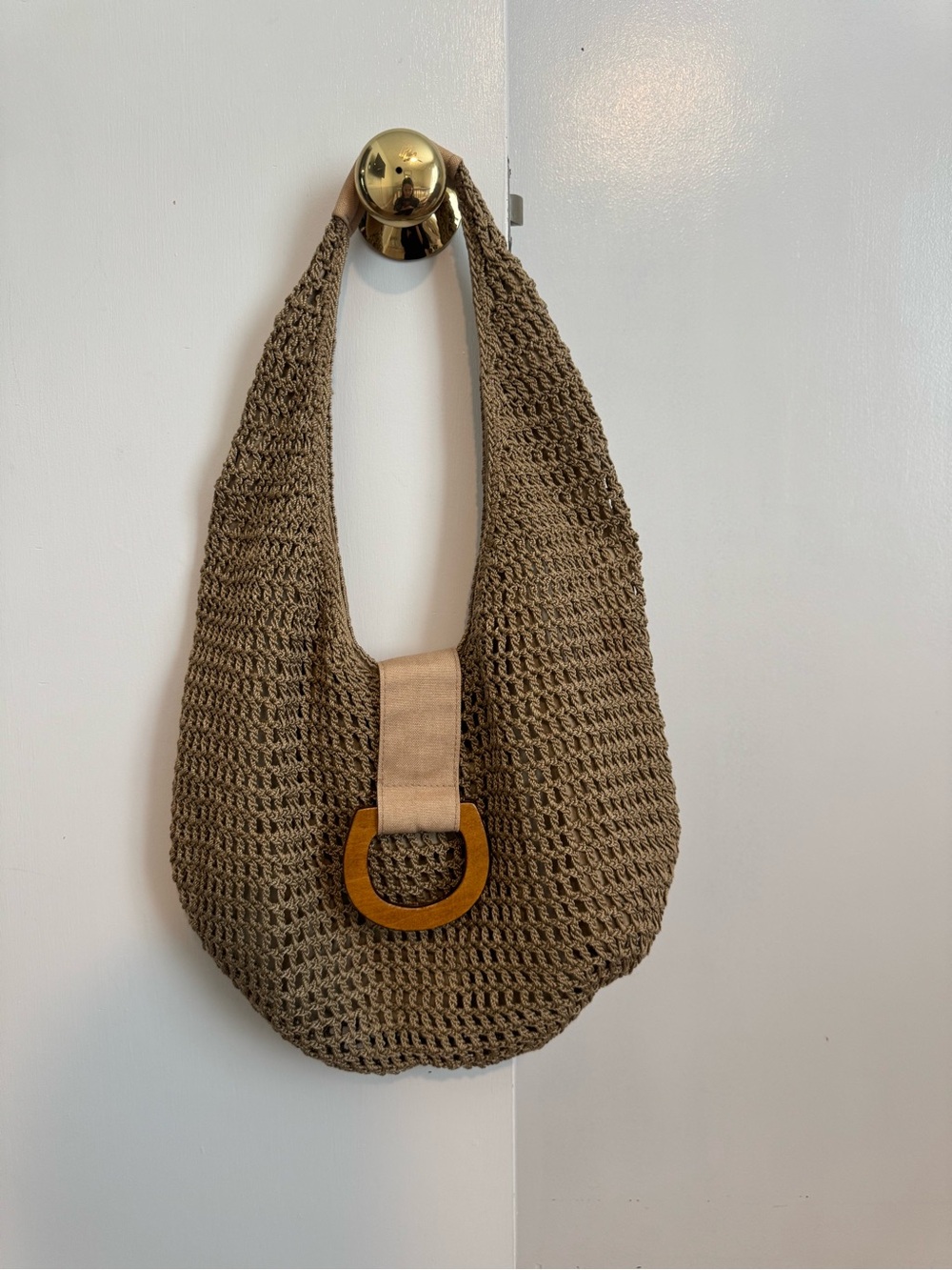 Woven Shoulder Tote Bag in Brown with Wooden Accent